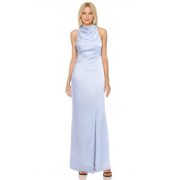 NWOT Jewel Badgley Mischka Sky Blue Satin Daley Halter Neck Gown Size 14 - Picture 1 of 16